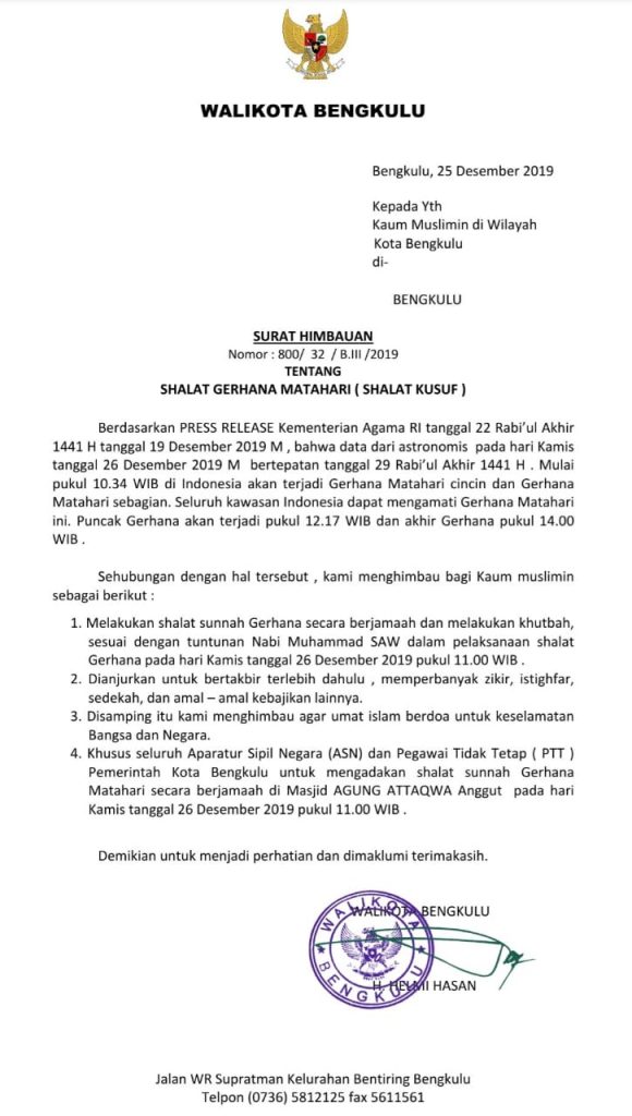 Surat Edaran Walikota Bengkulu terkait pelaksanaan sholat Gerhana.
