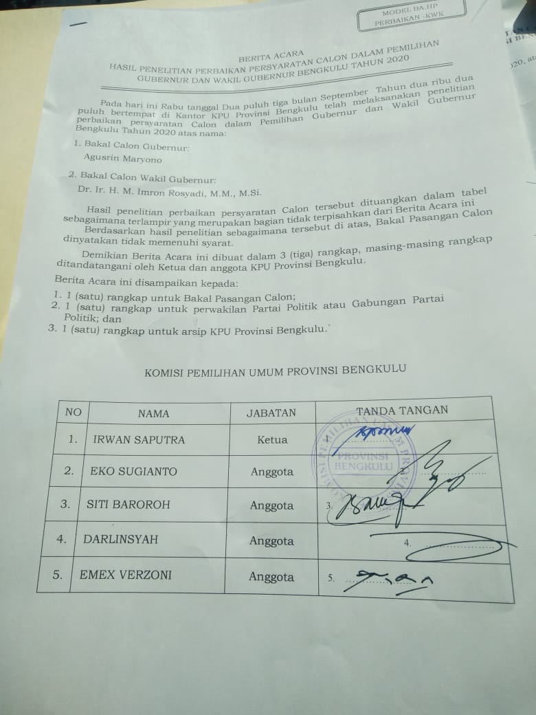 Duo RR dan HM Ditetapkan Sebagai Peserta Pilgub Bengkulu 2020