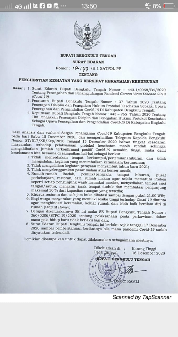 Cegah Penyebaran Covid-19 di Tahun Baru, Bupati Benteng Juga Keluarkan SE 