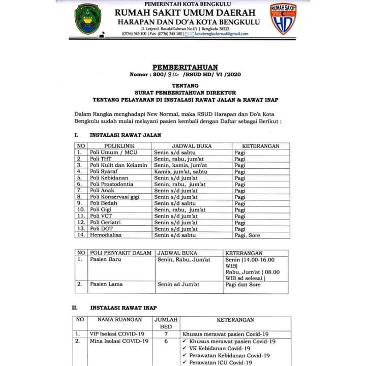 Jadwal pelayanan RSHD Kota Bengkulu