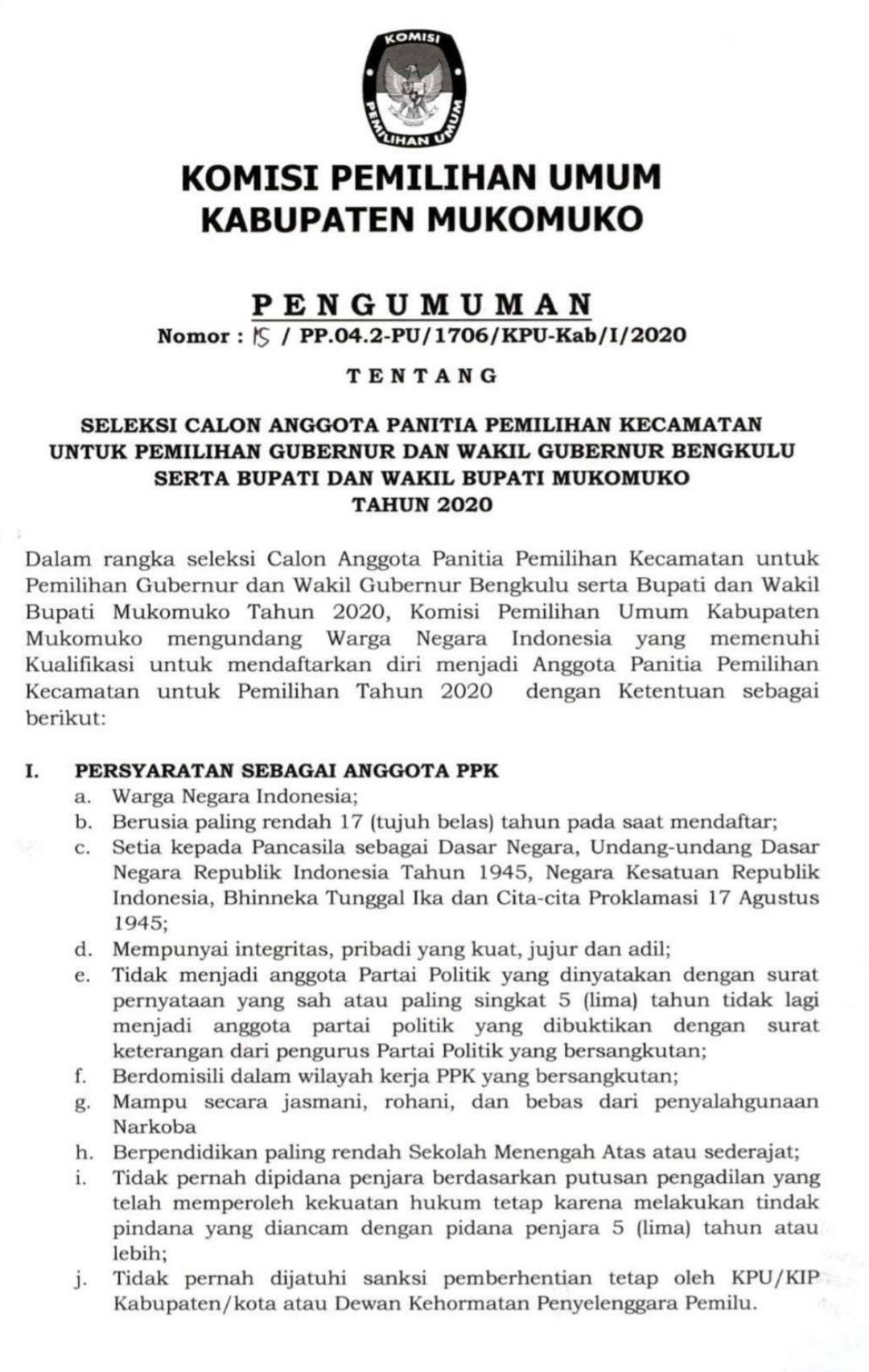 Pengumuman seleksi calon PPK Mukomuko.
