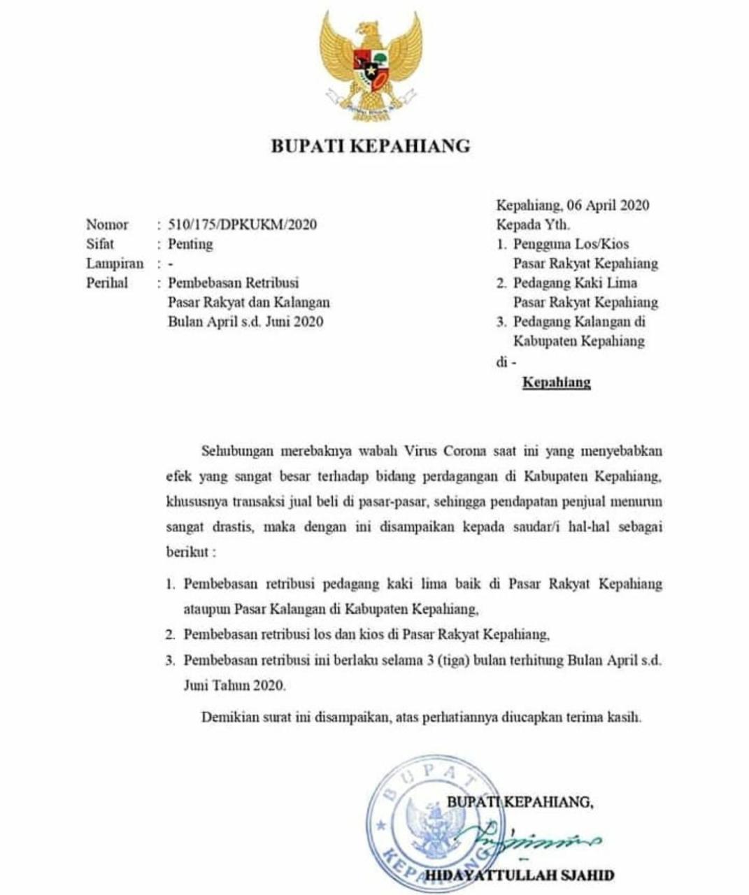 Surat Edaran Bupati Kepahiang tentang Pembebasan Retribusi Pasar Rakyat dan Kalangan.