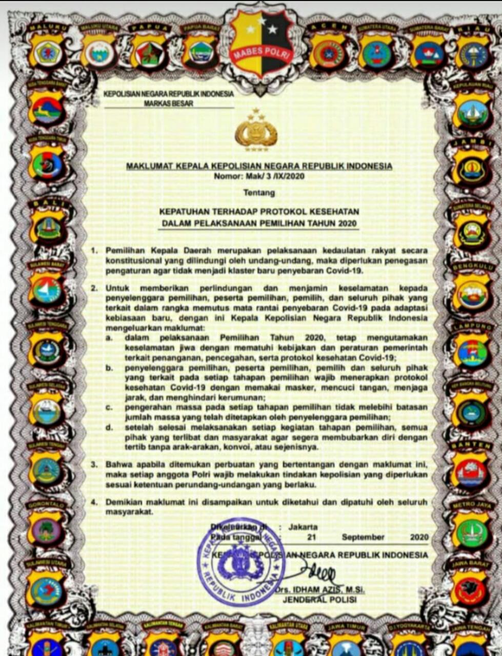 Kapolri Keluarkan Maklumat Terkait Pelaksanaan Protokol Kesehatan Dalam Pemilihan Kepala Daerah Tahun 2020