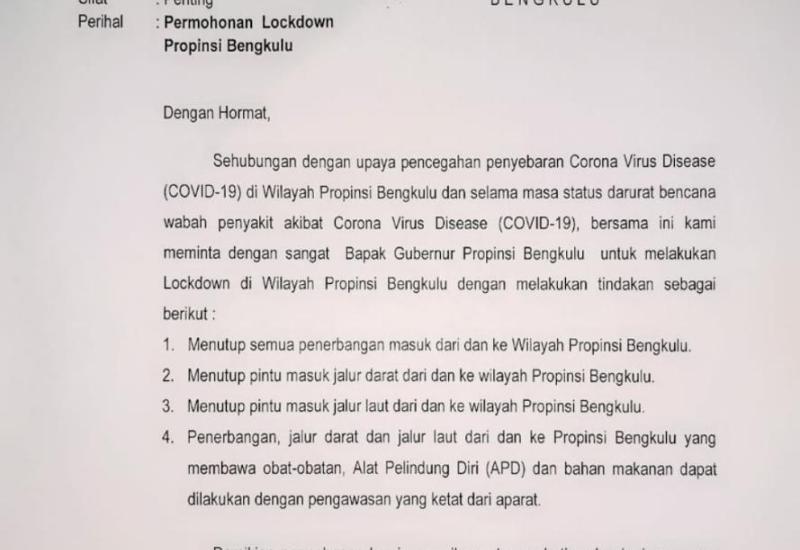 Surat yang dilayangkan Walikota Bengkulu ke Gubernur Bengkulu. 