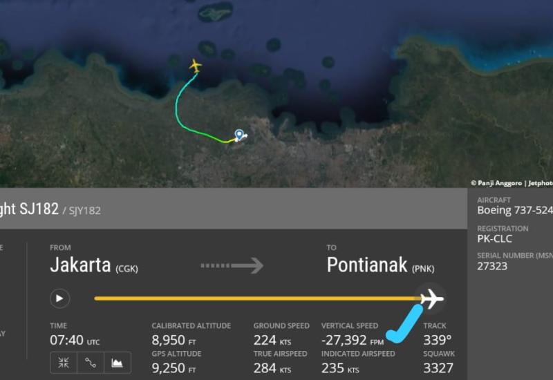 Pesawat Komersial Sriwijaya Air Tujuan Jakarta-Pontianak Hilang Kontak